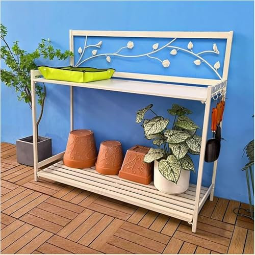 GYDUHYE Panca da vaso, tavolo da giardino in metallo con ripiano aperto a 2 ripiani, tavolo da lavoro da giardino per piantare (dimensioni: 126,5 x 45 x 115,5 cm, colore: bianco)