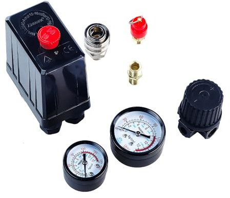 Tryckregulator med tryckknapp, luftregulator kompressor tryckvakt luftkompressor omkopplare tryckreducerare IG 1/4, 220 V kontrollventil reservdelar med snabbkopplingar manometer automatisk