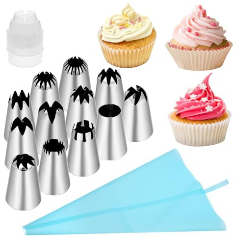 Qianyu Spritzbeutel Mit Tüllen Profi 14 Stück Wiederverwendbar 12 Verschiedene Spritztüllen mit 1X Kupplungen 1x 30.5 cm Spritzbeutel Edelstahl Professionelle für Kuchen Torten Keksen-Dekoration