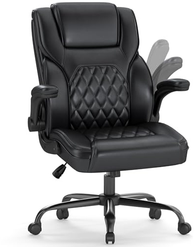 AnyGod Executive Office Chair, Ergonomic Leather Desk Chair with Lumbar Support for Back Pain, Heavy Duty Swivel Computer Seating with Flip-Up Armrests & Adjustable Height for Home & Study