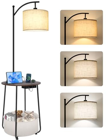 OUTON Lampadaire avec Table Ronde, Tables d’Appoint Latérales avec Station de Charge (USB et Type-C), 3 Températures de Couleur, Ampoule 12W, Table de Chevet avec Panier en Tissu pour Chambre, Salon