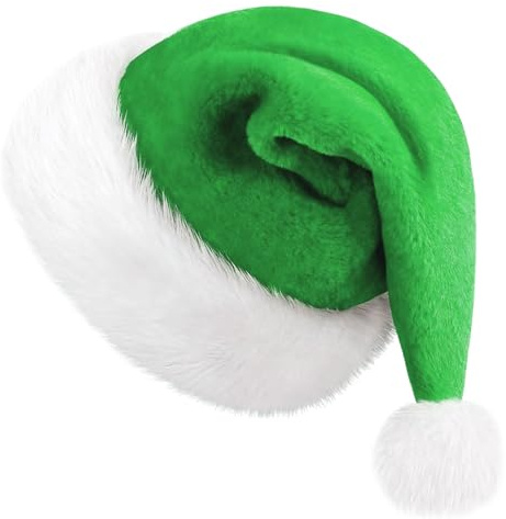 FIGCY Santa Hat Christmas Hat Green Plush Santa Hats Soft Christmas Hats for Festive Holiday Party Headwear Costume Accessory