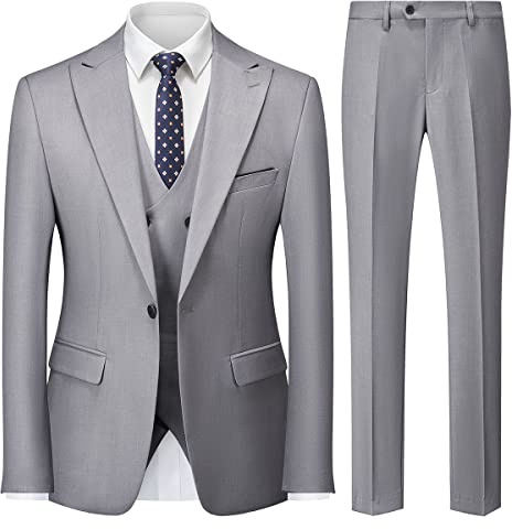 KUDMOL Costume Homme 3 Pièces Mariage Business Slim Fit Smoking à Un Bouton à la Mode Blazer Veste et Pantalon Gilet à Double Boutonnage(Gris Clair,M)