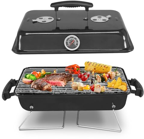 Bonnlo Portable Charcoal Grill with Handle, Metal Compact Tabletop BBQ Grill with Thermometer, Outdoor Cooking Barbecue for Camping, Travel, Picnic & Patio Use - Black