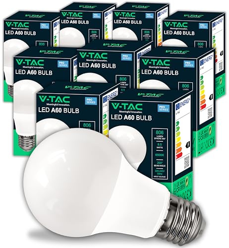 V-TAC 10x Lampadine LED E27 da 8,5W - [ ALTISSIMA EFFICIENZA ] - A60 - (Equivalenti a 60W) - Lampadine di Nuova Generazione a Risparmio Energetico - 806 Lumen - Luce Bianca Fredda 6500K