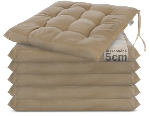 Brandsseller 6er Set Stuhlkissen 40x40x5 cm Sitzkissen Polster Stuhlauflage mit Haltebändern Dekokissen für Indoor Outdoor gesteppt - Taupe