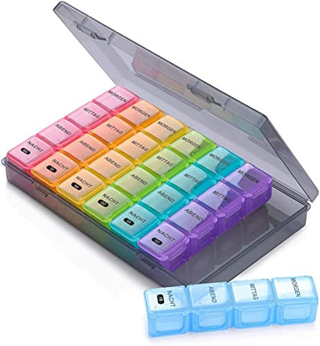 SUKUOS Tablettenbox 7 Tage Klein Pillendose 7 Tage 4 Fächer Deutsch Medikamentenbox Reise Morgens Mittags Abends Nachts