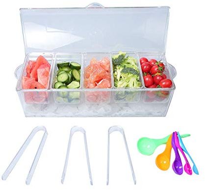 MorTime Ice Chilled Condiment Server with 5 Removable Compartments, Clear Sauce Caddy Serving Tray Container with Lid, 3 Serving Spoons & 3 Tongs Included