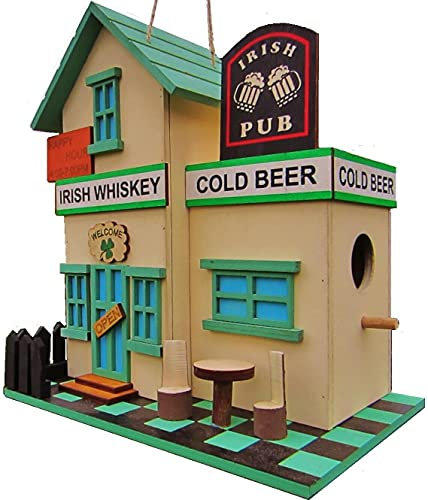Hüwüknü Vogelhaus, Nistkasten, `Irish Pub` Vogelhaus zum Aufhängen, für Singvögel wie Spatzen, Meisen, Handarbeit aus Holz, bunt, Vogelvilla für Garten, Terasse, Balkon