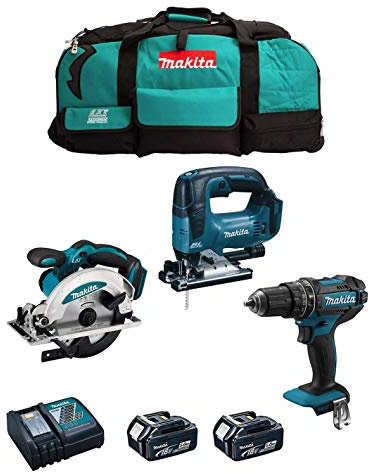 MAKITA Kit MK302 (Taladro Percutor DHP482 + Sierra Circular DSS610 + Sierra de Calar DJV182 + 2 Baterías de 5,0 Ah + Cargador + LXT600)