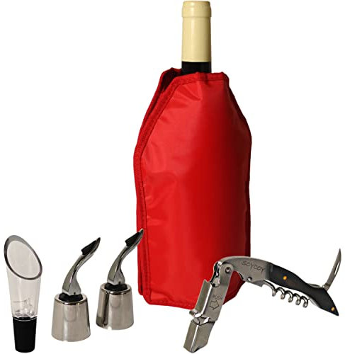 Set Accessori Vino con 1 Refrigeratore per Bottiglie Vino, 1 Apribottiglie Vino, Cavatappi Vino, 2 Tappi Bottiglie Vino Champagne, 1 Versatore Aeratore Salvagoccia Vino, Ottima Idea Regalo SOYCOY