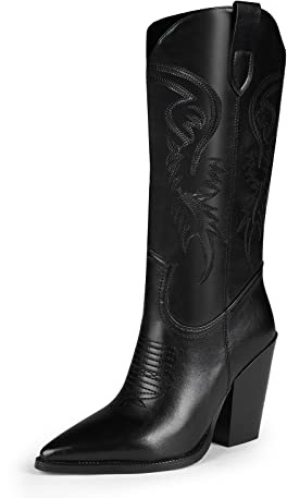 ISNOM Women's Black Cowgirl Knee High Boots - Tall & Mid Calf, Wide Calf Sizes