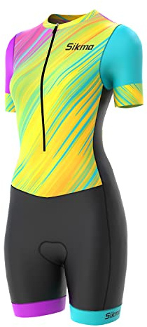 Dam cykling skinndräkt kvinnor vadderad en del trisuit cykel topp kort sublimerad design haklapp kort, Svart gul, M
