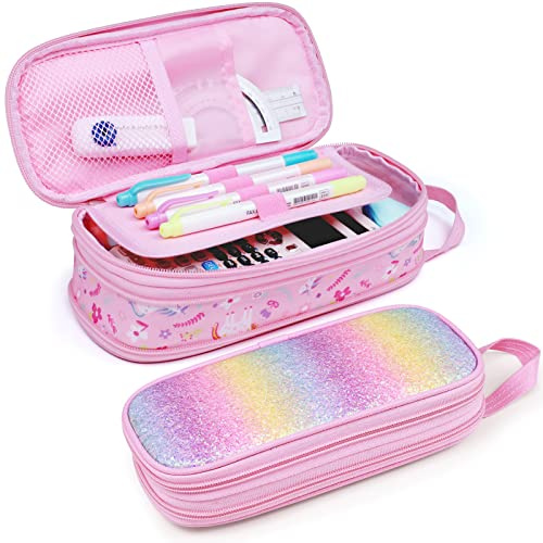 Bagseri Erweiterbares Federmäppchen Mädchen - Rosa Einhorn Mäppchen Mädchen für Kita & Schule, Federmappe mit 2 Fächern und Stifthalter innen, Federtasche Kinder (Ohne Inhalt)