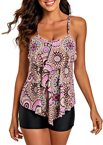 FLYILY Trajes de baño Tankini de 2 Piezas para Mujer Top con Estampado de Volantes y bañadores Traje de baño de Talla Grande(Redbrown,XL)
