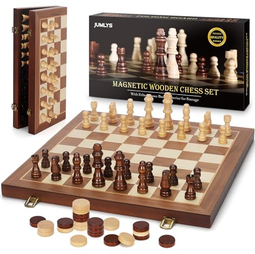 2 in 1 Magnetic Chess Set & Checkers Board Game, 15 Wooden Folding Chess Board with 2 Extra Queens, Portable Travel Chess Set with Pieces Storage Slots, Beginner Chess Board Game for Adults & Kids