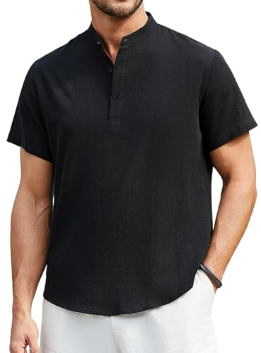 Enlision Chemise Lin Homme Manches Courtes Col Mao Chemise Été Hommes Leger en Coton Lin Chemise de Plage Classique Casual Henley Shirt S-4XL