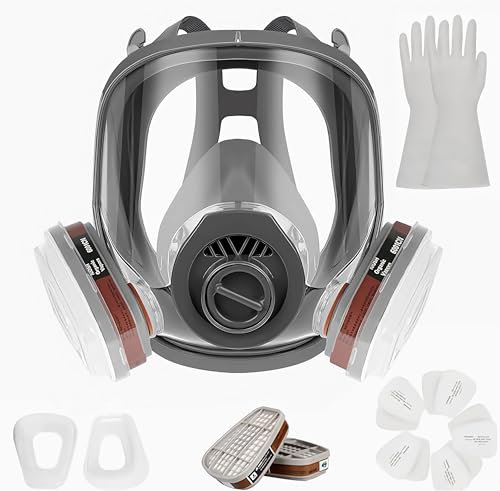 Sosvulix Professionelle Wiederverwendbare Vollmaske Abdeckung mit 2 Filtern, 20 Filterbaumwolle,1 Paar Handschuhe,für Malerei schützt, Gas, Farbe, Staub, Chemikalien und anderem Arbeitsschutz