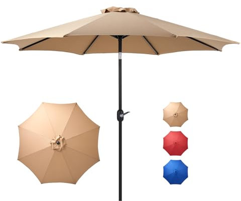 DUMOS Parasol de terrasse d'extérieur de 2,7 m avec bouton-poussoir d'inclinaison et manivelle, parasol de table, 8 baleines robustes, imperméable, pour marché, terrasse, plage, restaurant en plein
