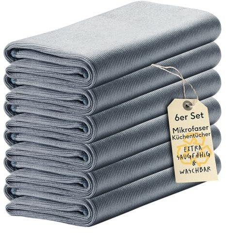 SILBERTHAL Geschirrhandtücher 6er Set Mikrofaser 40x60cm - Reinigungstuch für Edelstahl und Glas - Extra weich & Ultra saugstark - Silber