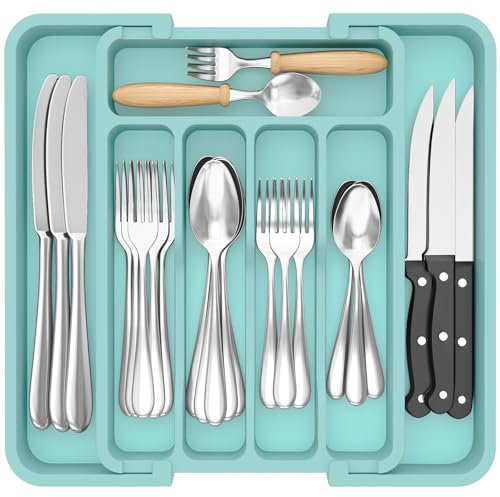 Lifewit Extendable Cutlery Drawer Organiser, Adjustable Cutlery Tray, Plastic Adjustable Kitchen Storage Dividers for Utensil Spoons Forks Knives, 7 Compartments, 23-37 x 31cm, Turquoise