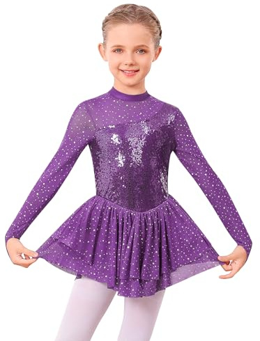 ODASDO Figure Skating Dress for Girls Ice Skating Kids Teenager Girl Mesh Long Sleeve Sparkly Rhinestones Sequin Skirted Leotard Gymnastics Competition Ballet Outfit Dancewear Purple 3-4 Years