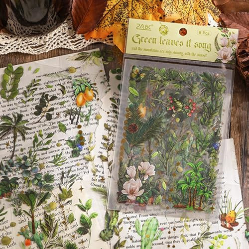 QZKJQDD Scrapbook Sticker Set, 8 Stück A5 Fotoalbum Zubehör, Journaling für Tagebuch, DIY-Papierhandwerk (Grüne Blätter)