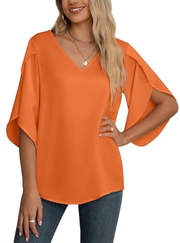 YGJIEGENG Women's Chiffon Blouse Ladies Tops Elegant Casual Loose 3/4 Ruffled Split Sleeve V Neck Summer Blouse T Shirts,Orange, X-Large