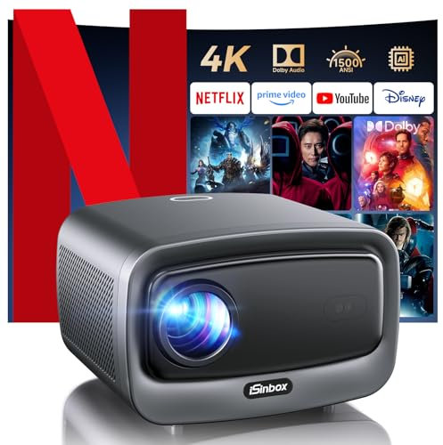 4K Beamer mit Netflix & 36W Kino Sound | iSinbox Smart Beamer 1500 ANSI, HDR10+, Autofokus, Staubgeschützt, 6D Keystone, WiFi 6 & Bluetooth | Heimkino & Outdoor