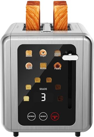 WUNLY Touch screen Toasters 2 slice, Stainless Steel Digital Timer Toaster with Sound Function, 6 Bread Types & 6 Shade Settings, Smart Extra Wide Slots Toaster with Bagel, Defrost Functions,Platinum
