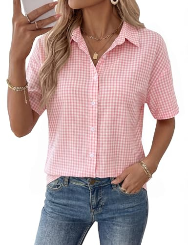 Rapbin Cotton Button Down Shirts for Women Short Sleeve Spring Blouses V Neck Country Concert Tops 2026 Pink White Grid XXL
