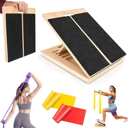 HoldOneLight Adjustable Wooden Slant Board | Portable Calf Stretcher & Strength Trainer with Workout Poster | Non-Slip, Supports 300lbs (136kg) for Home Gym Use