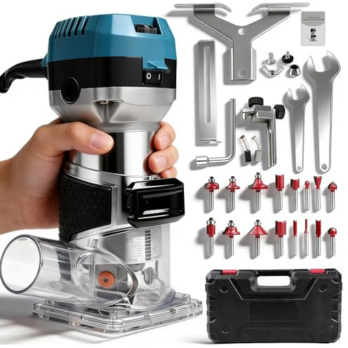 Fresadora De Madera Rebajadora Eléctrica, 1000W 30000 RPMfresadora de bordes recortadora de madera, 6 Velocidades Variables, enrutador de madera compacta Router de mano con 15 Piezas Fresas