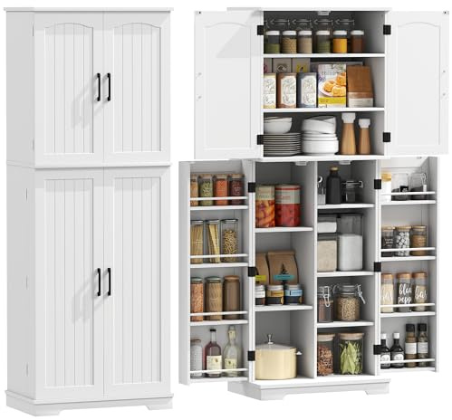 HOMCOM Buffet Haut Cuisine, Armoire de Cuisine, vaisselier, 4 Portes, 10 Compartiments, 8 Porte-épices et étagères réglables, Meuble de Rangement pour Salon, Salle à Manger, 60 x 35 x 162 cm, Blanc