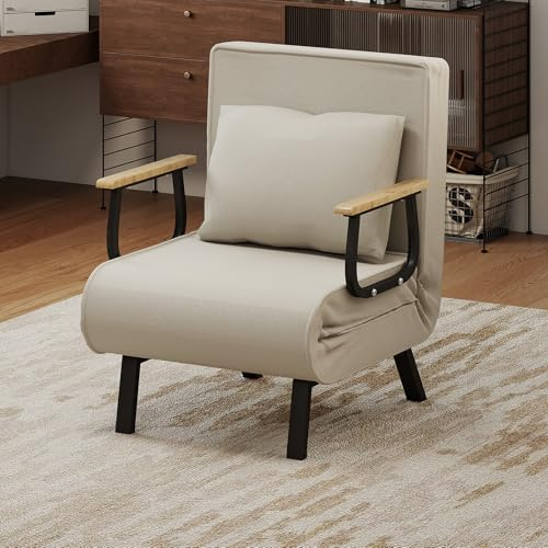 Fabulcozy Canapé Convertible, Petit Canapé-Lit avec Accoudoirs et Cousins en Bois, Adapté aux Salons et Appartements (Beige).