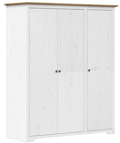 Eleganz Armario BODO blanco y marrón de madera maciza de pino con revestimiento de cera, 146 x 53,5 x 173 cm, dormitorio y sala de estar, duradero y elegante
