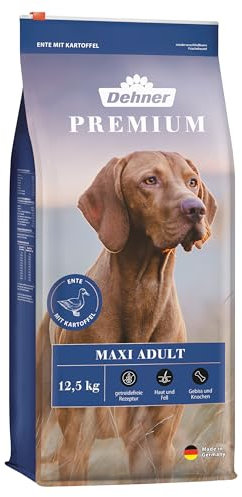 Dehner Premium Hundefutter Maxi Adult, Trockenfutter getreidefrei / zuckerfrei, für ausgewachsene Hunde großer Rassen, Ente / Lamm / Kartoffel, 12.5 kg