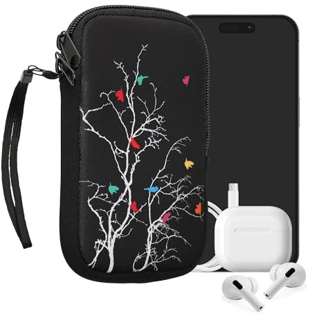 kwmobile Handytasche für Smartphones M - 5,5 - Neopren Handy Tasche Hülle Cover Case Schutzhülle - Vögel AST Mehrfarbig Pink Schwarz - 15,2 x 8,3 cm Innenmaße