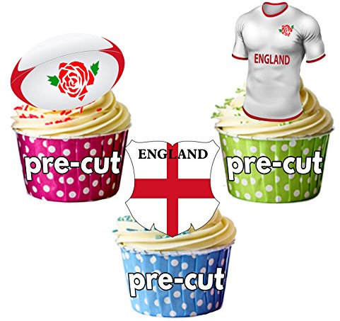 AK Giftshop PRECUT England Rugby Team - Shirt, Ball and Flag Mix - Edible Cupcake Toppers/Cake Decorations (Pack of 12)