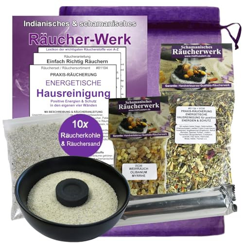 Räuchern GEGEN Negative Energie 7-TLG Set energetische HAUSREINIGUNG mit RÄUCHERMISCHUNG + WEIHRAUCH & MYRRHE, Räucherschale, Räucherkohle, Räucheranleitung, Täschchen - 10 x räuchern. 81194-S
