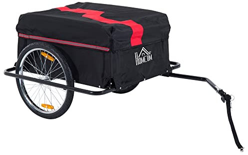 HOMCOM Two-Wheel Bicycle Large Cargo Wagon Trailer Oxford Fabric, Folding Storage, & Removable Cover, Red&Black