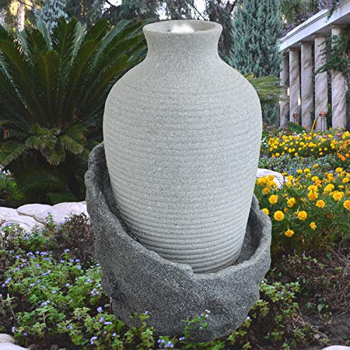 Fuente DE JARDÍN, Fuente Ornamental, Ampfore Corfu Gris Claro con luz LED 230V, Fuente Decorativa DE Exterior, Estanque DE JARDÍN, terraza, Estanque, balcón, Muy Decorativa