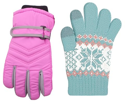 kimmyku 2Pairs Kids Children Toddler Boy Girls Winter Snowproof Waterproof Snow Ski Gloves Mittens Thermal Warm (Light PInk, 3-5Years)