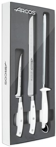 Arcos Riviera Blanc, Set di Prosciutto 3 pezzi, Acciaio Inossidabile Forgiato, Manico POM, Colore Bianco (COPRI PROSCIUTTO REGALO)