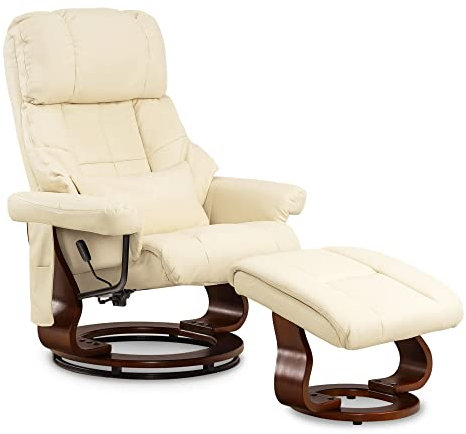 M MCombo Massagesessel mit Hocker, 360° drehbarer Relaxsessel mit Liegefunktion, moderner TV-Sessel Fernsehsessel mit Seitentasche, 9068 (Creme-Kunstleder)