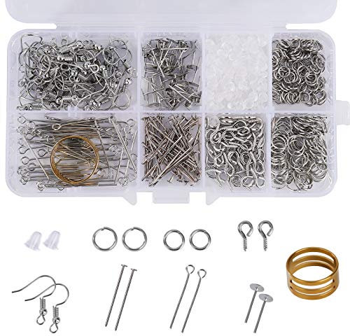 Schmuckherstellung Set, Schmuck Basteln Zubehör, Ohrring Reparatur Set mit Ohrring Haken, Endkappen, Sprungringen, Schrauben-Ösen, Kopfnadeln für Heimwerker, Anfänger und Erwachsene (650 Stück)
