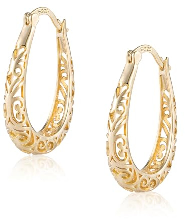 Boucles d’oreilles en or, forme de cerceau en filigrane, boucles d’oreilles en argent sterling 925 cerceau creux ovale, conception en forme de U en filigrane hypoallergénique, meilleur cadeau