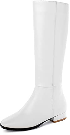 REKALFO Knee High Boots Women PU Leather Boot Wide Fit Shoes with Zipper Chunky Heel Soft Winter Booties White 7 UK