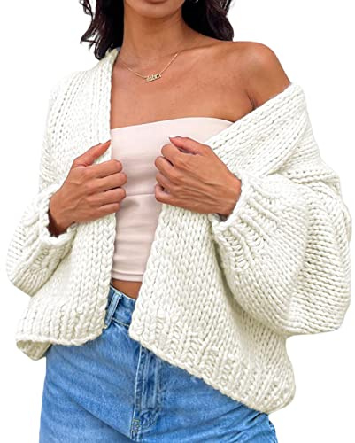 KMBANGI Women Crochet Chunky Sweater Open Front Long Sleeve Cable Knit Cardigan Cute Oversized Jumper Aesthetic Knitwear(White,S)