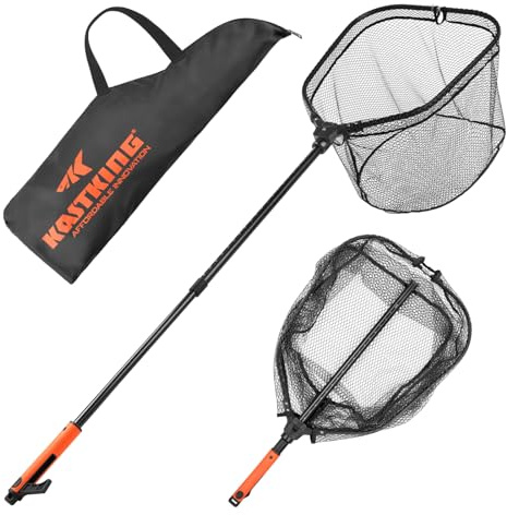 KastKing Brutus Fishing Net with Boat Hook, Foldable, Extendable, Lightweight & Strong Fish Landing Net, Non-Slip & Bright Orange TPR Handle, Fishing Gift for Men